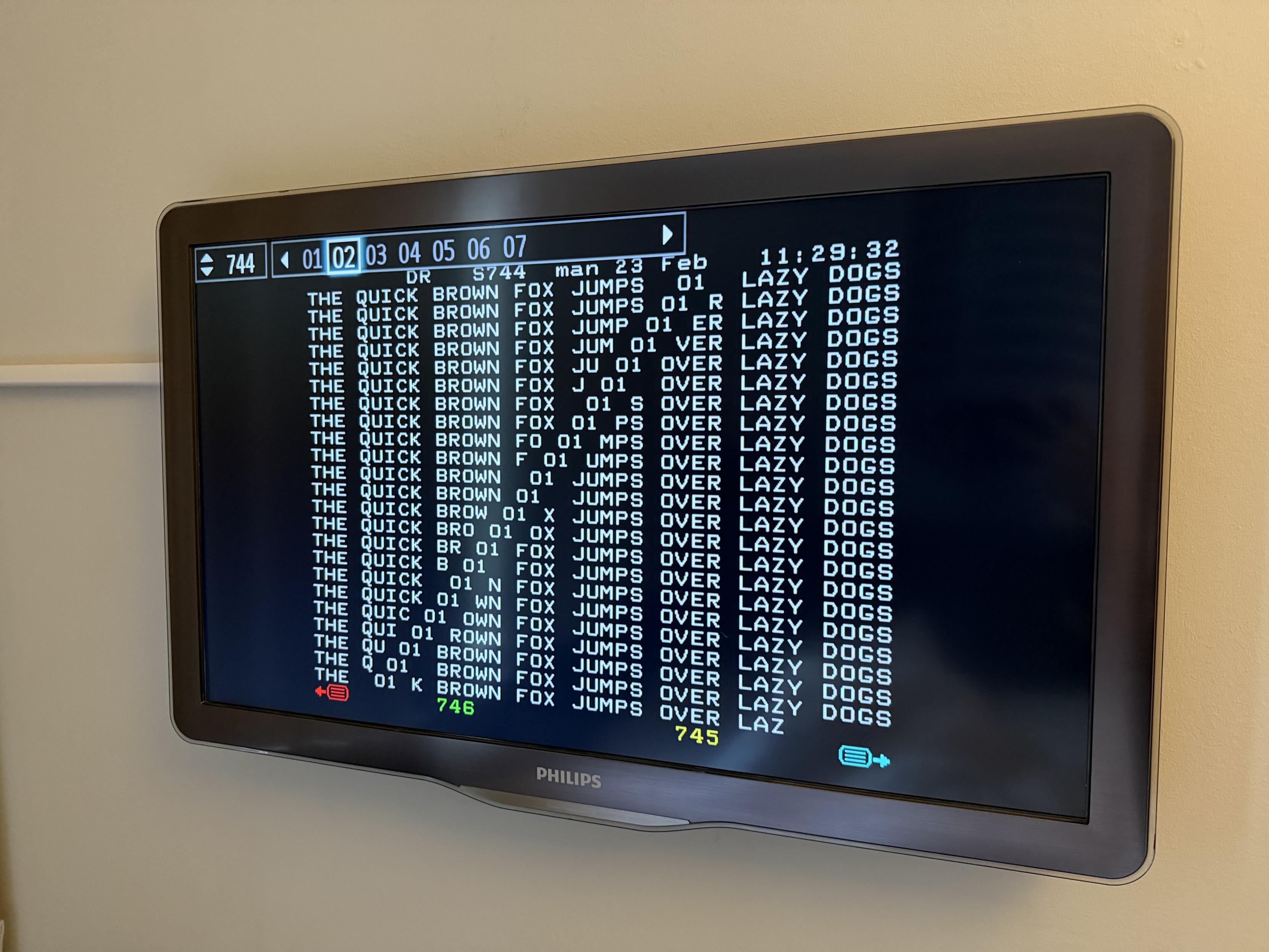 the second test page has “the quick brown fox jumps over lazy dogs” repeated across the entire screen, with a diagonal line of “01” cutting through it